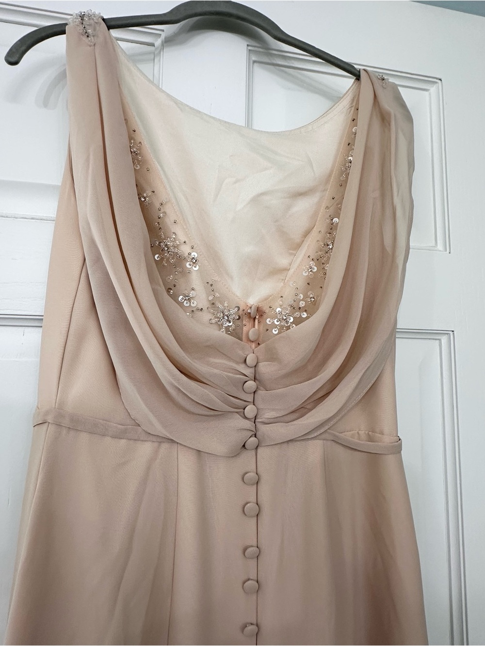 JJs House Champagne Backless Cowl Neck Evening Dress with Beaded Detail